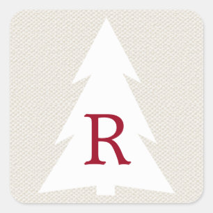 White Geometric Tree on Beige, Burgundy Monogram Square Sticker