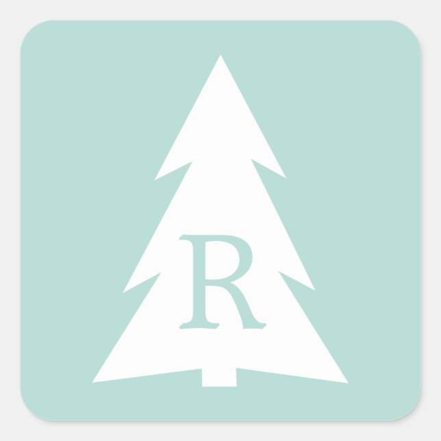 White Geometric Tree on Mint Green, Your Monogram Square Sticker (Front)