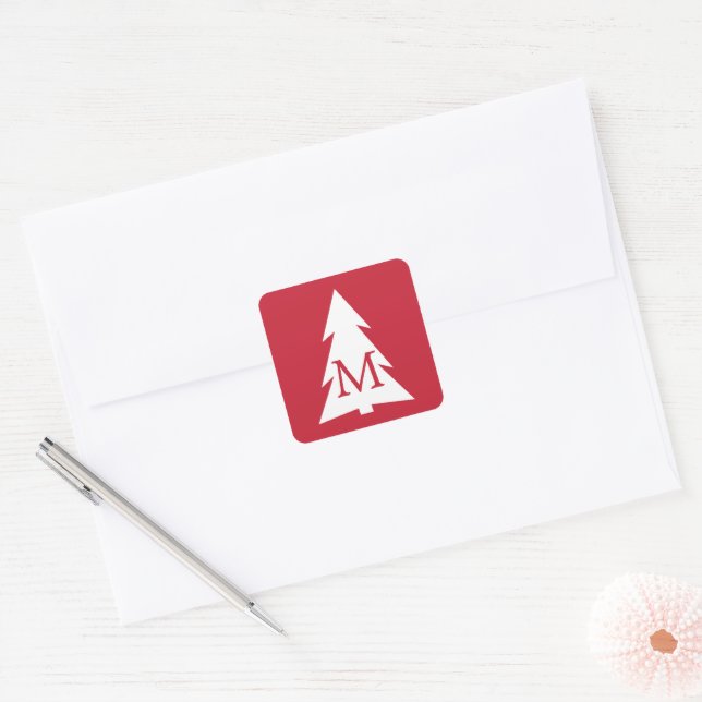 White Geometric Tree on Red with Custom Monogram Square Sticker (Envelope)