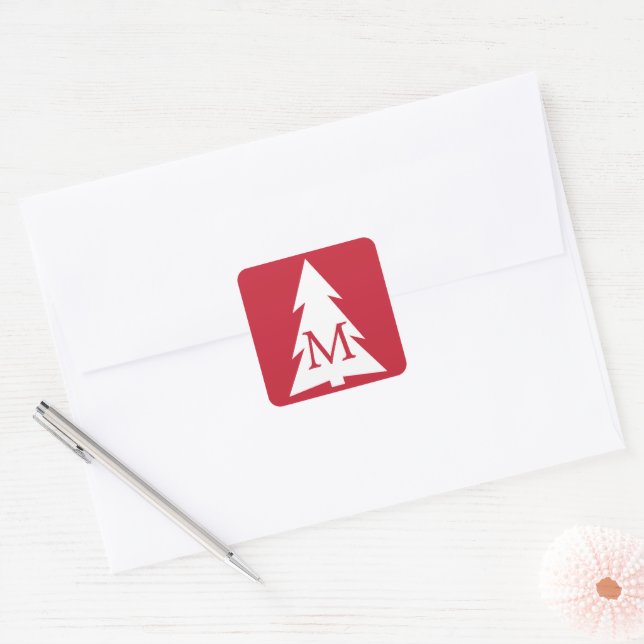 White Geometric Tree on Red with Custom Monogram Square Sticker (Envelope)