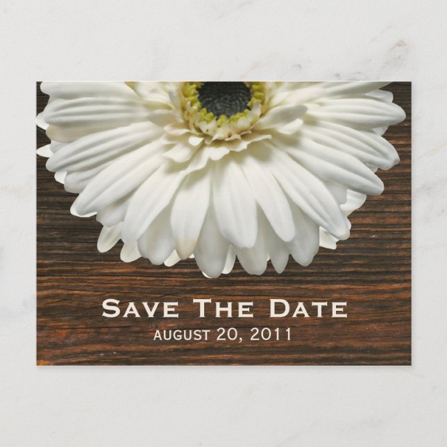 White Gerbera & Barnwood Save The Date Postcard (Front)