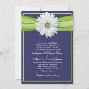 White Gerbera Navy Green Ribbon Invitation