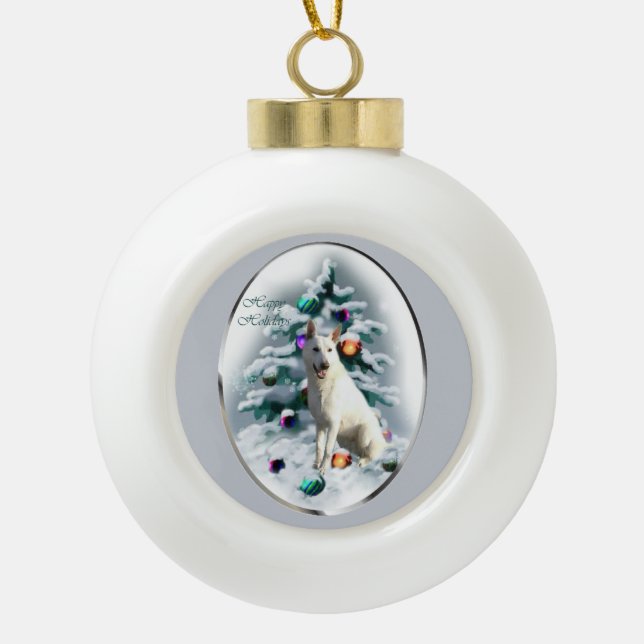 White German Shepherd Christmas Ceramic Ball Christmas Ornament (Front)
