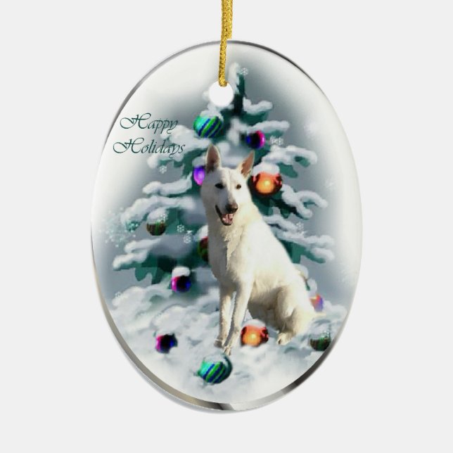 White German Shepherd Christmas Ceramic Ornament (Front)