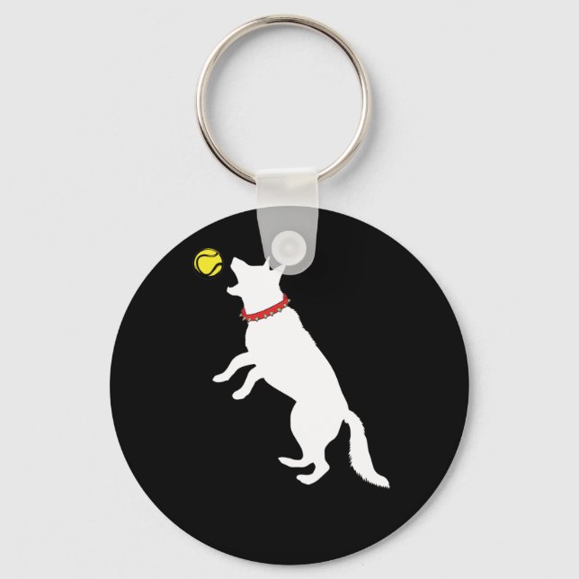 White German Shepherd Dog GSD Catching Yellow Keychain (Front)