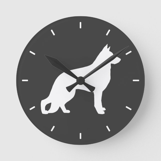 White German Shepherd Dog Silhouette GSD K-9 Round Clock (Front)