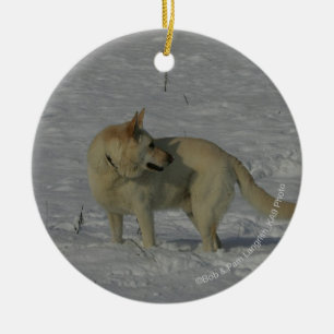 White German Shepherd  in the Snow Ceramic Ornament