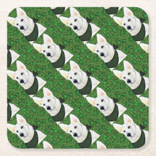 White German Shepherd St. Patty Square Paper Coaster