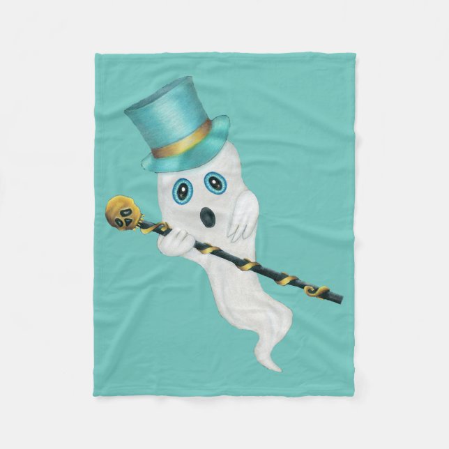 White Ghost in Top Hat With Silly Face Skull Cane  Fleece Blanket (Front)