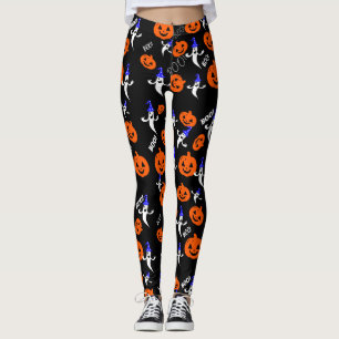 White ghost on head a hat with orange pumpkin leggings