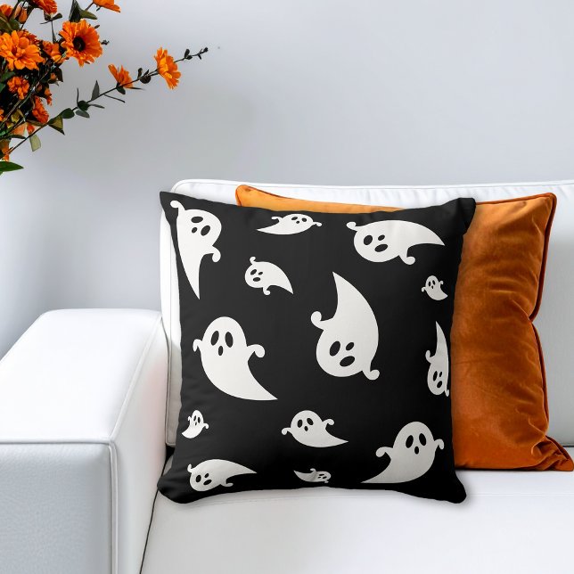 White Ghost Silhouettes On Black Spooky Halloween Throw Pillow (Creator Uploaded)