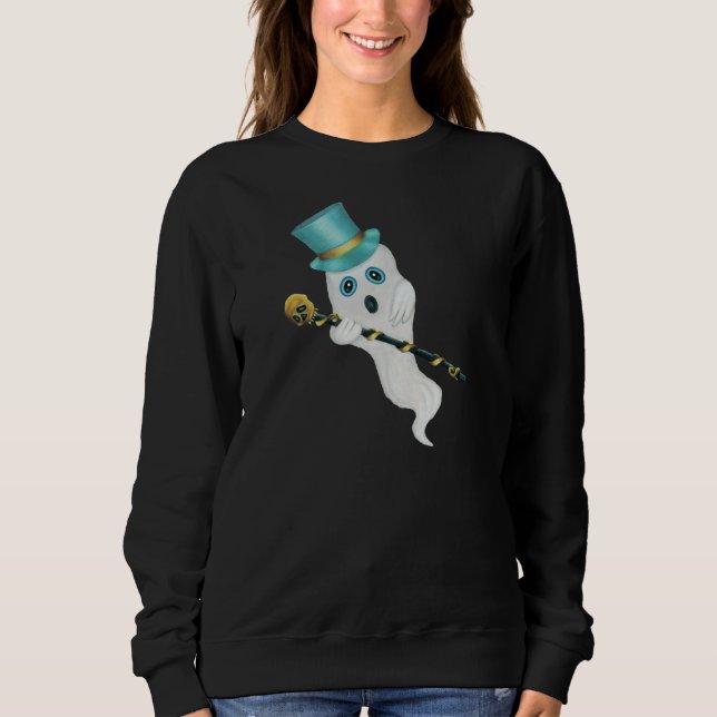 White Ghost Silly Face Holding Skull Cane Top Hat (Front)