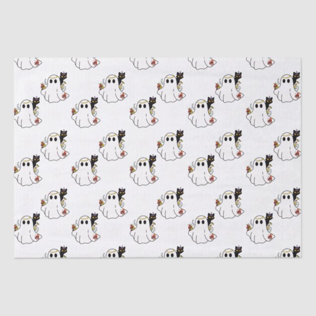 White Ghosts and Black Cats White Halloween Tissue Paper (Front)
