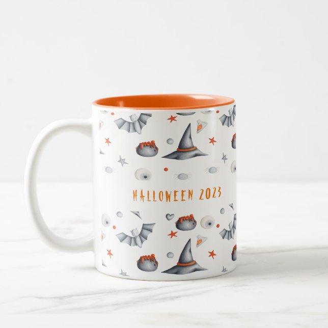 White Ghosts Bats Cauldrons Halloween Year of Two-Tone Coffee Mug (Left)