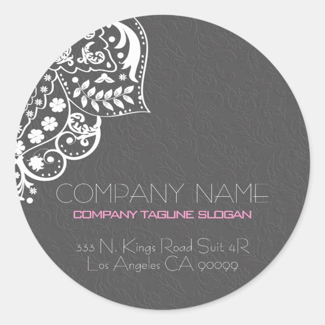 White Girly Lace Grey Floral Damask Classic Round Sticker (Front)