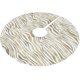 White Glam Gold Zebra Animal Print Brushed Polyester Tree Skirt