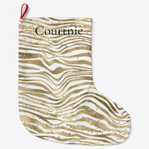 White Glam Gold Zebra Animal Print Glitter Dots Large Christmas Stocking