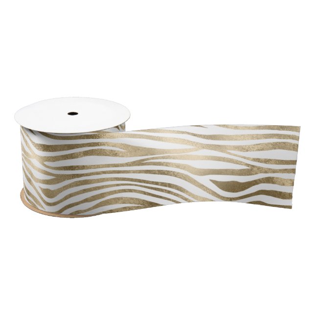 White Glam Gold Zebra Animal Print  Satin Ribbon (Spool)