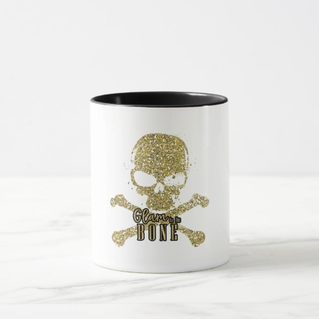 White Glam to the Bone Gold Glitter Skull Mug (Center)