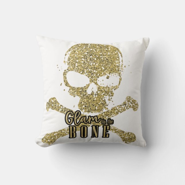 White Glam to the Bone Gold Glitter Skull Throw Pillow (Front)