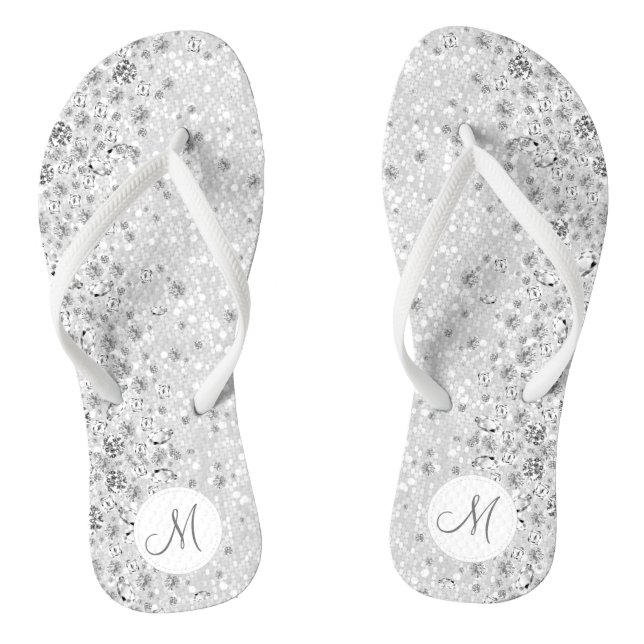 White Glitter and Diamond Flip Flops (Footbed)