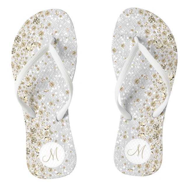 White Glitter and Gold Diamond Flip Flops (Footbed)