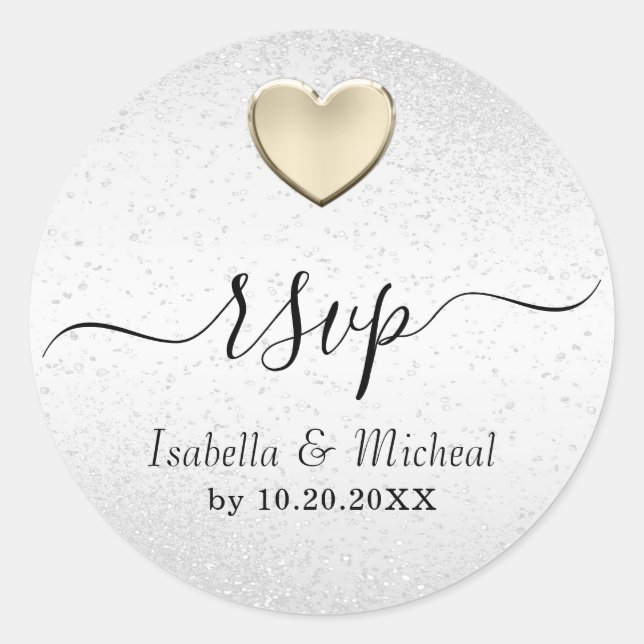 White Glitter and Gold Heart - RSVP   Classic Round Sticker (Front)