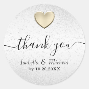 White Glitter and Gold Heart - Thank You  Classic Round Sticker