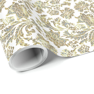 White Glitter And Gold Vintage  Damasks Pattern Wrapping Paper