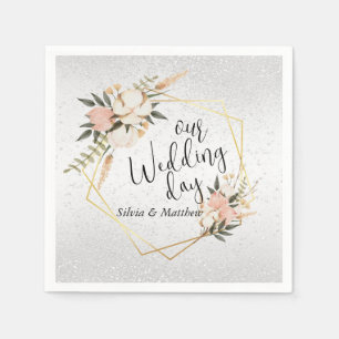 White Glitter and Peach Watercolor Floral Napkin