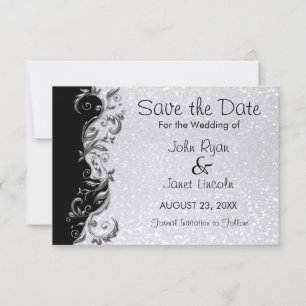 White Glitter, Black & Silver Floral Wedding Save The Date