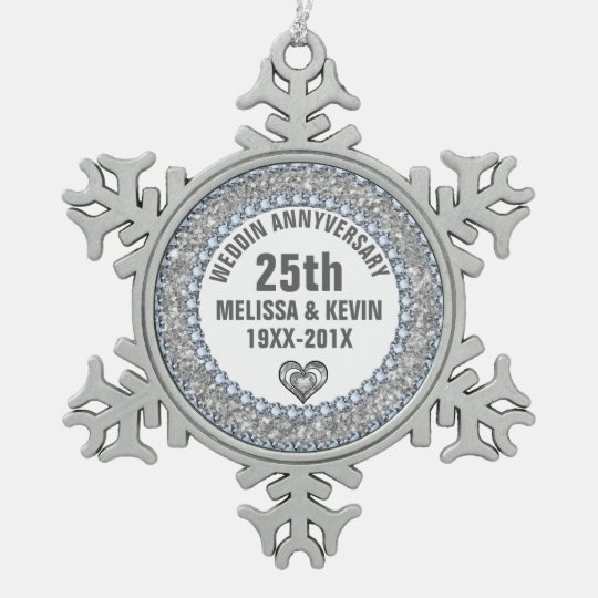 White Glitter & Diamonds 25th Anniversary Pewter Snowflake Ornament