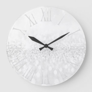 White Glitter Grey Metallic Silver Roman Number Large Clock
