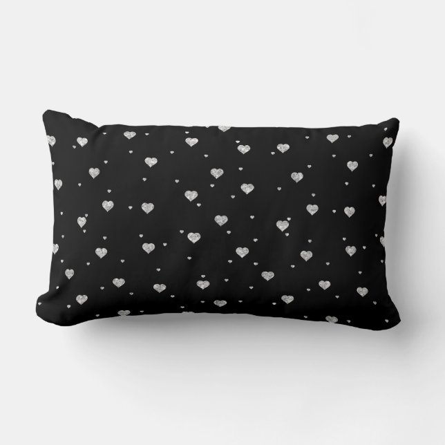 White Glitter Hearts Pattern On Black Lumbar Pillow (Front)