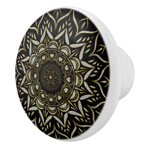 White glitter mandala hearts black background ceramic knob
