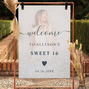 White glitter ombre photo Sweet 16 welcome Poster