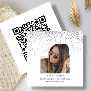 White Glitter Photo Social Media QR Code Square Business Card