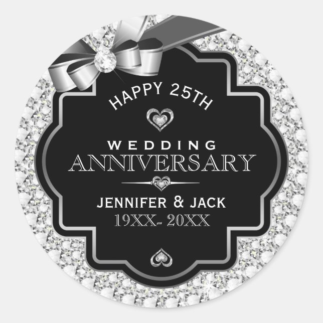 White Glitter & Silver 25th Wedding Anniversary Classic Round Sticker (Front)