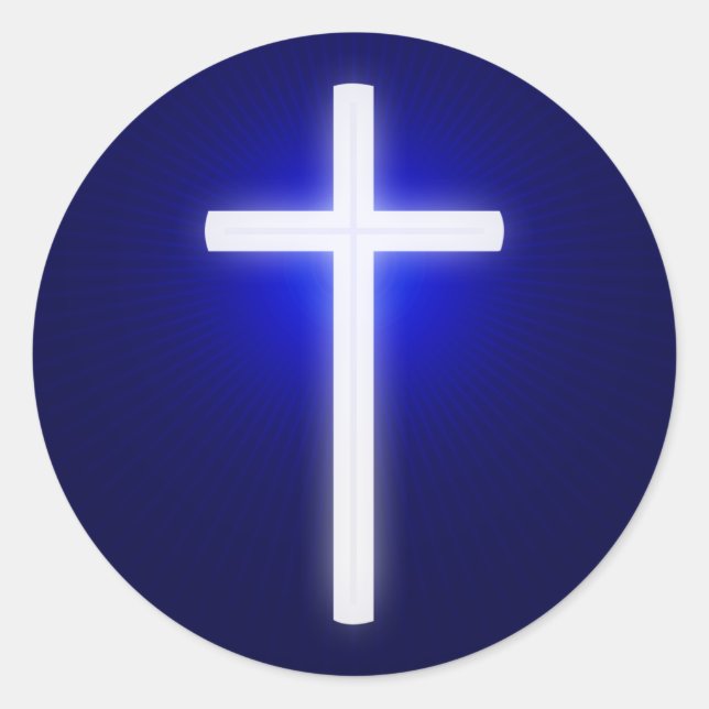 White Glow Religious Cross | Christian Navy Blue Classic Round Sticker (Front)
