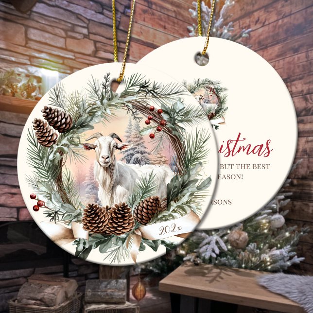 White goat farm animal Christmas pinecone wreath Ceramic Ornament (White goat farm animal Christmas pinecone wreath Ceramic Ornament)