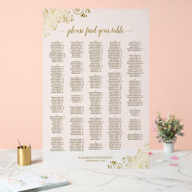 White & Gold 300 Person Alphabetical Seating Chart (Wedding)