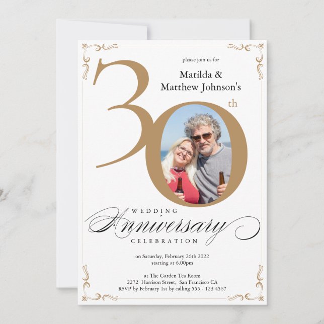 White Gold 30th Wedding Anniversary Calligraphy Invitation (Front)
