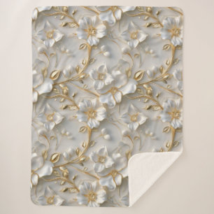 White & Gold 3D Floral Decorative Pattern Sherpa Blanket