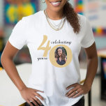 White & Gold 40 Photo Forty Years 40th Birthday T-Shirt<br><div class="desc">White and gold happy birthday party shirt for a 40 year old.  Unisex design for women and for men.  Customize the age to suit your occasion and add a personal photograph of the recipient.  Great for a 40th anniversary or birthday party decoration for a fortieth birthday bash.</div>