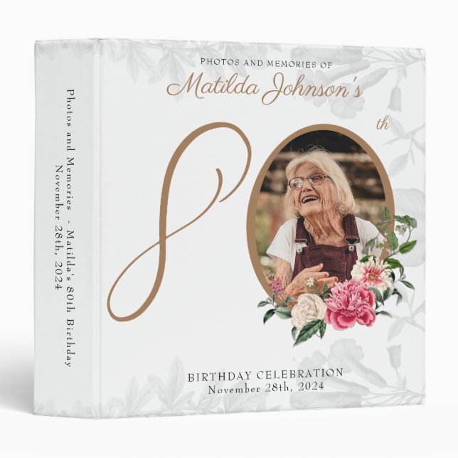 White Gold 80th Birthday Floral Chic Custom Photo  Binder (Front/Spine)