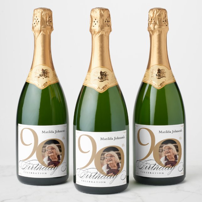 White Gold 90th Birthday Calligraphy Custom Photo Sparkling Wine Label (Bottles)