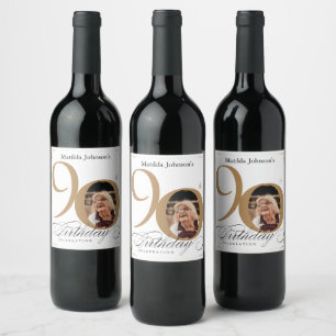 White Gold 90th Birthday Calligraphy Custom Photo Wine Label