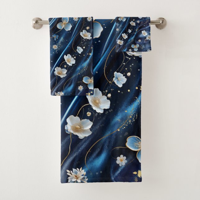 White & Gold abstract flowers on Simmery Blue Silk Bath Towel Set (Insitu)