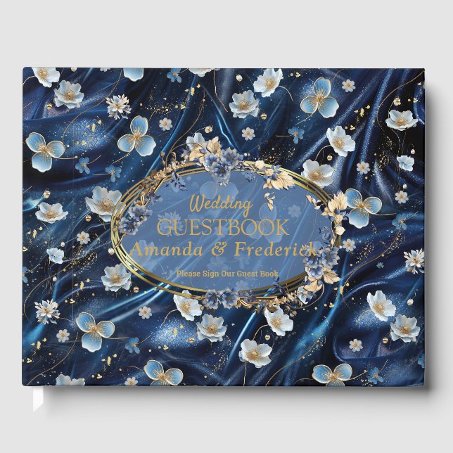 White & Gold abstract flowers on Simmery Blue Silk Guest Book (Front)