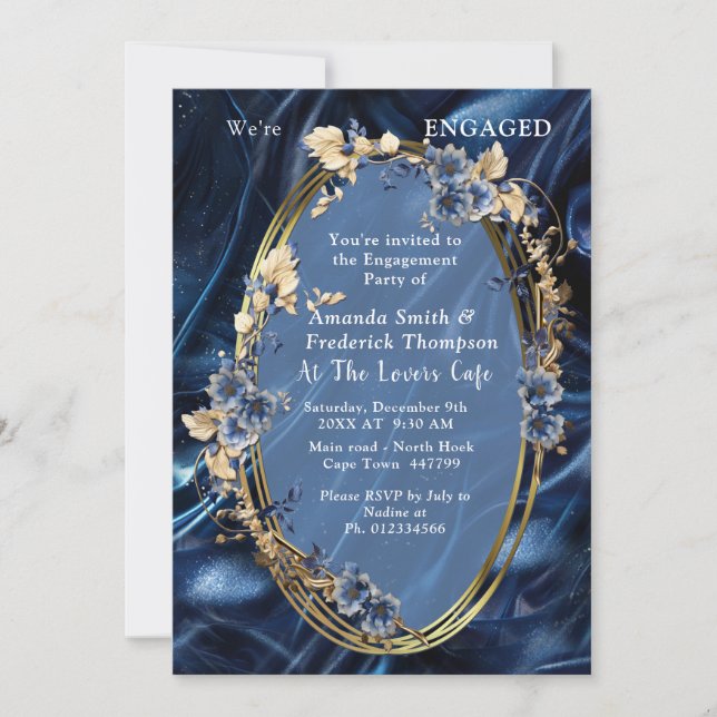 White & Gold abstract flowers on Simmery Blue Silk Invitation (Front)
